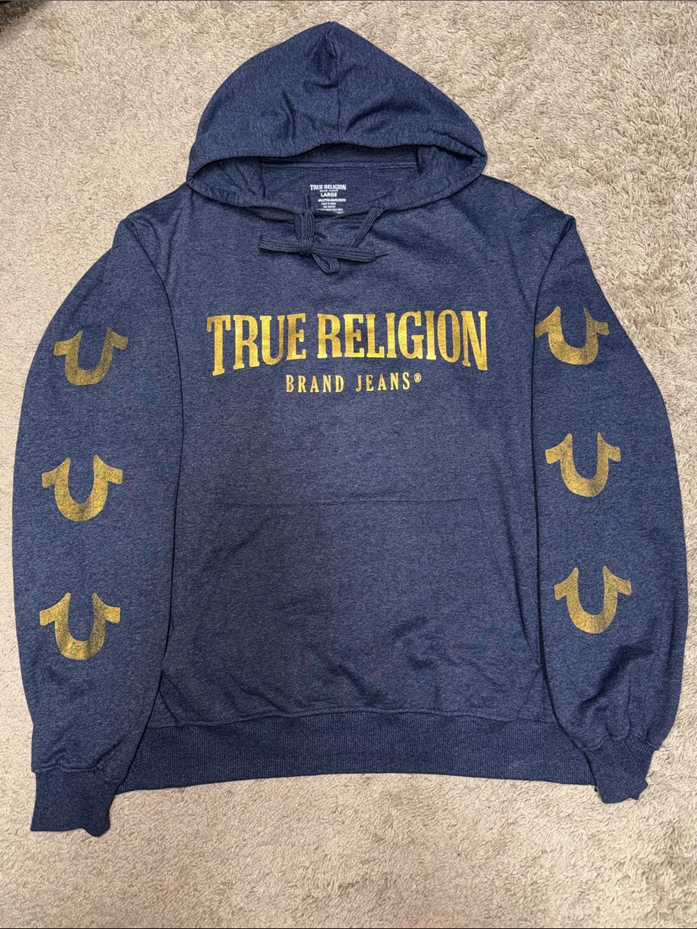 True Religion Navy and Gold Logo Pullover Hoodie